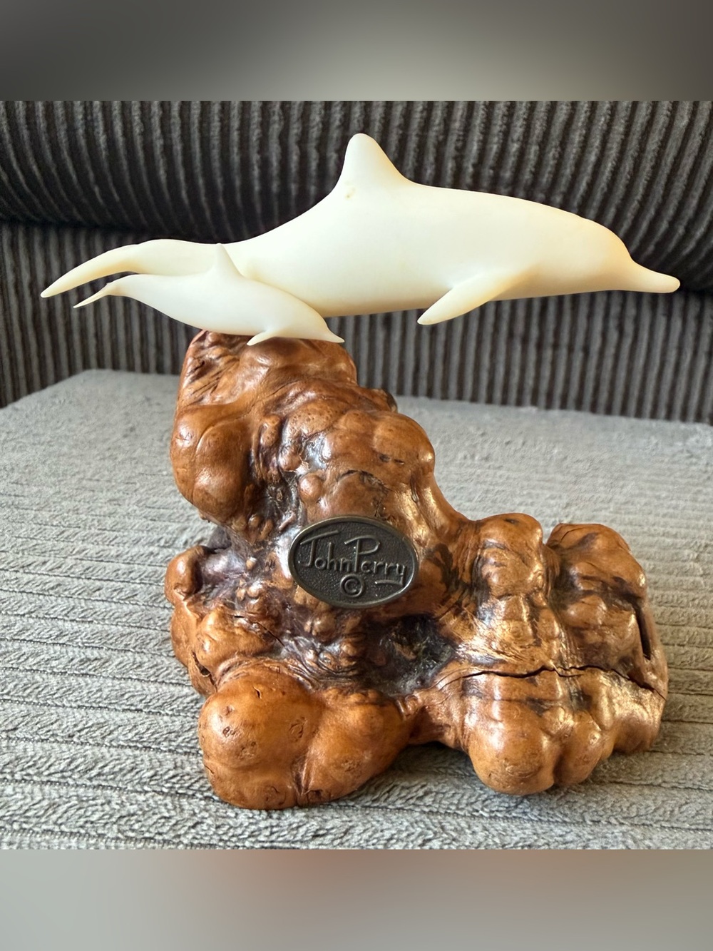 VTG John Perry White Dolphin Sculpture on Natural Wood Base